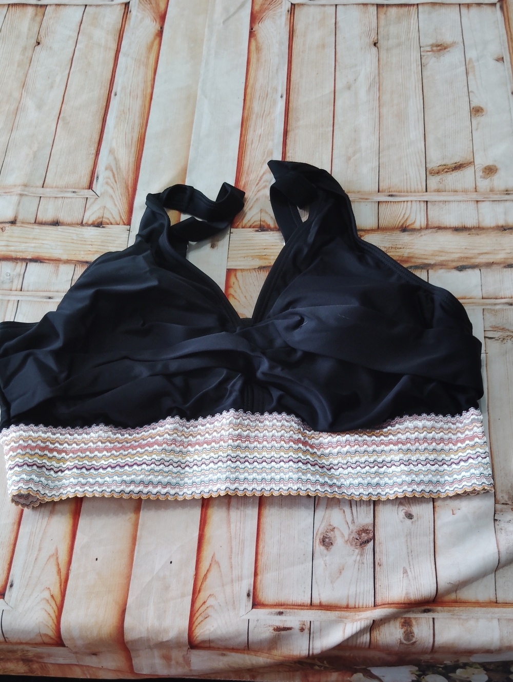 Black Athletic Swim Set with Multicolor Waistband Top Only